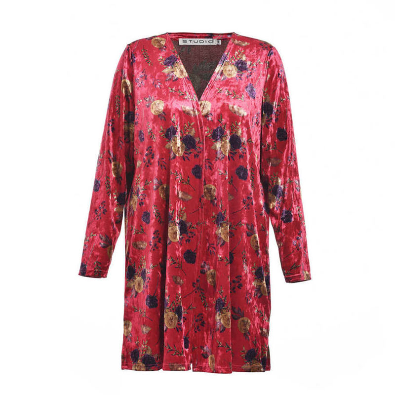V Neck Velour Ladies Casual Cardigans With Red Flower Print Medium Length